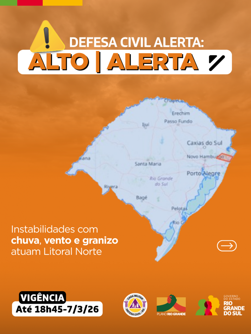 Defesa Civil alerta: Condi&ccedil;&atilde;o de ALERTA para instabilidades com chuva, vento e granizo atuam no Litoral Norte