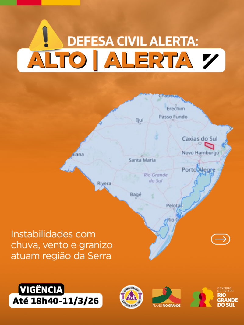 Defesa Civil alerta: condi&ccedil;&atilde;o de ALERTA para instabilidades com chuva, vento e granizo atuam regi&atilde;o da Serra.