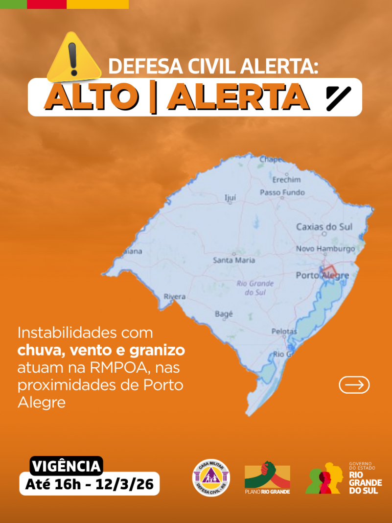 Defesa Civil alerta: condi&ccedil;&atilde;o de ALERTA para instabilidades com chuva, vento e granizo atuando na RMPOA