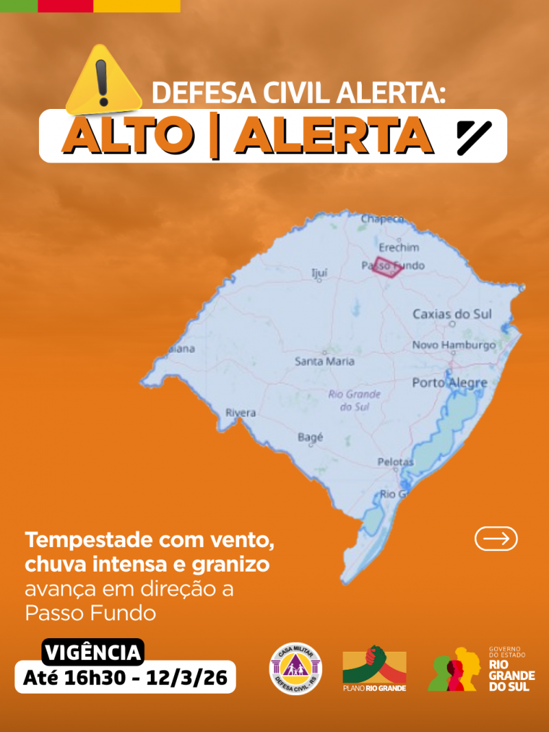 Defesa Civil alerta: Condi&ccedil;&atilde;o de ALERTA para tempestade com vento, chuva intensa e granizo