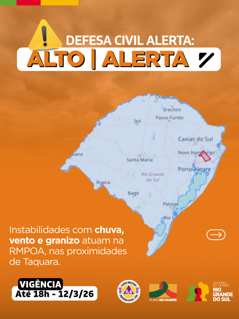 Defesa Civil alerta: condi&ccedil;&atilde;o de ALERTA para instabilidades com chuva, vento e granizo atuam na RMPOA, nas proximidades de Taquara