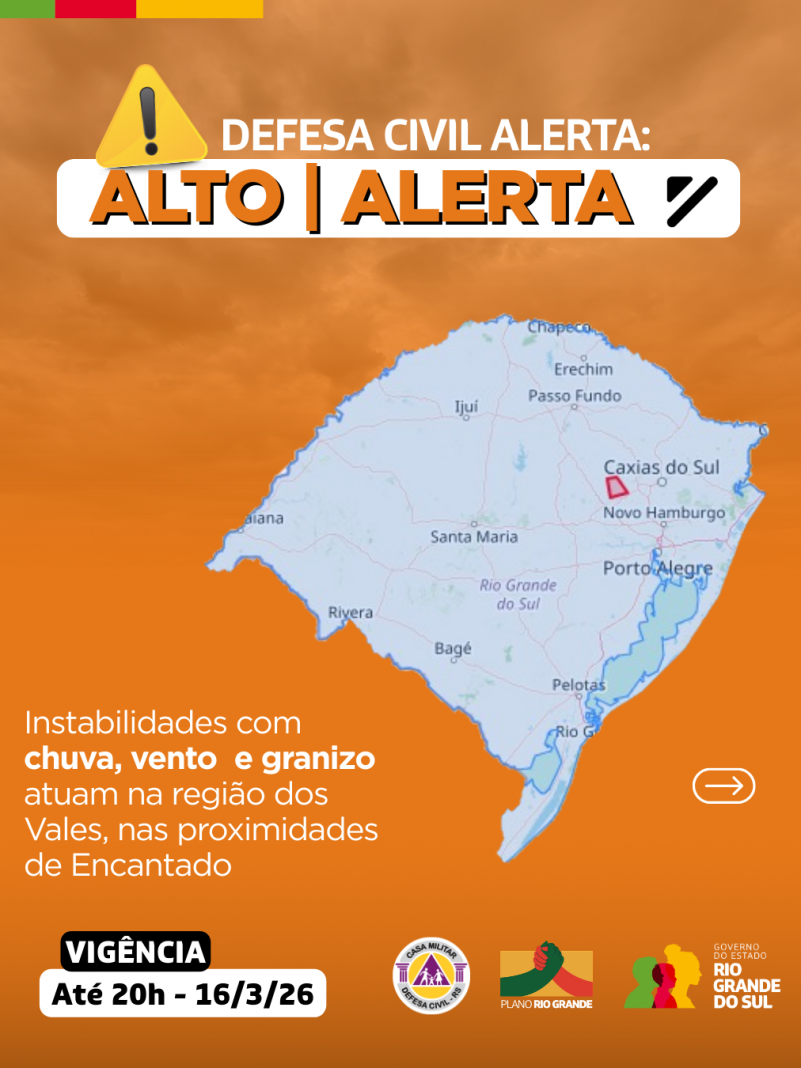 Defesa Civil alerta: Condi&ccedil;&atilde;o de ALERTA para instabilidades com chuva, vento e granizo atuando na regi&atilde;o dos Vales