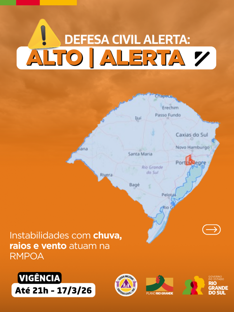 Defesa Civil alerta: Condi&ccedil;&atilde;o de ALERTA para instabilidades com chuva, raios e vento que atuam na Regi&atilde;o Metropolitana de POA