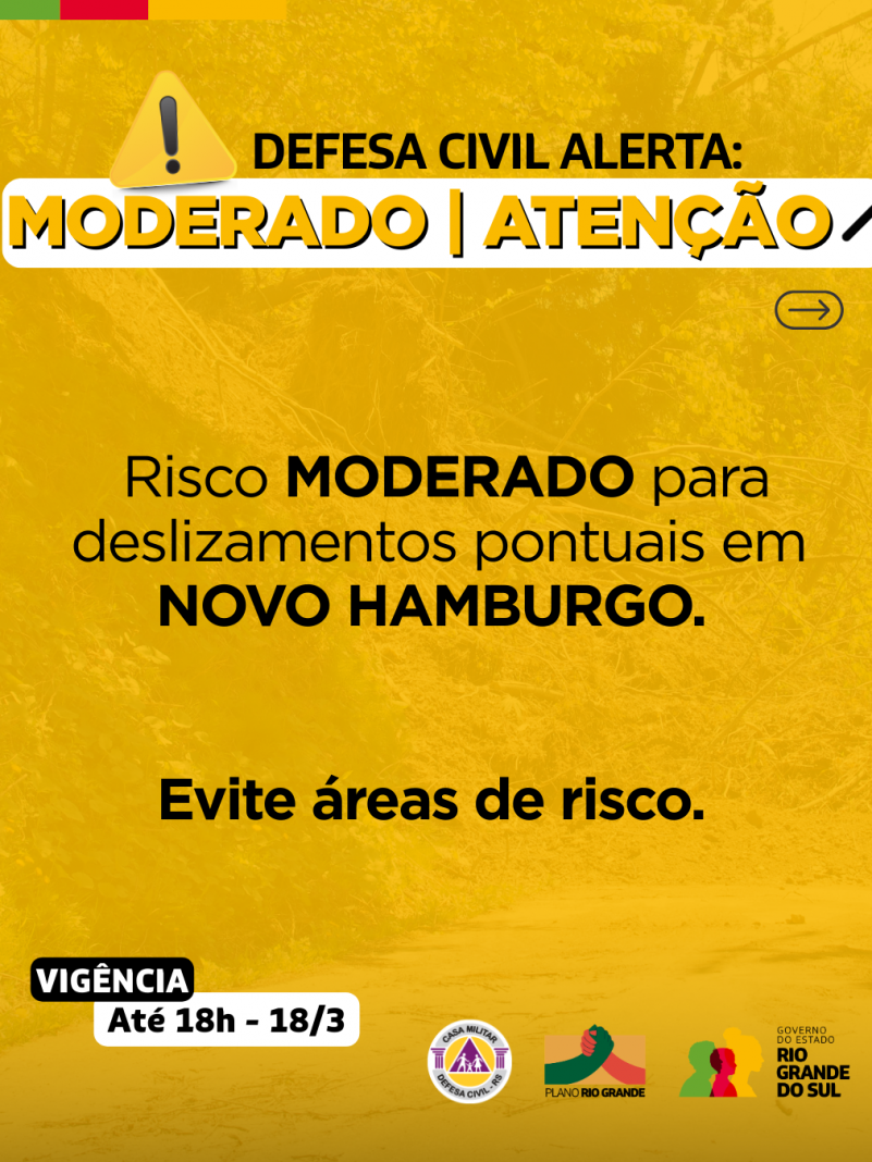 Alerta amarelo: movimento de massa em Novo Hamburgo