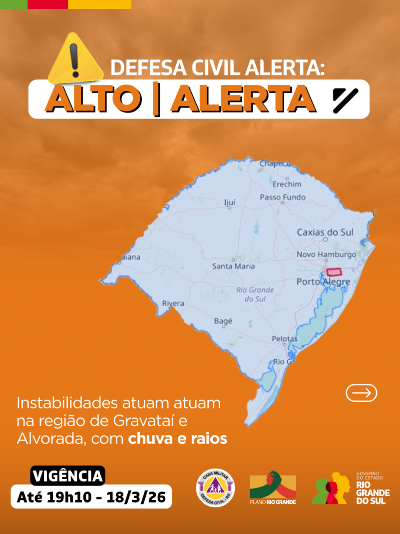 Defesa Civil alerta: Condi&ccedil;&atilde;o de ALERTA para instabilidades que atuam na regi&atilde;o de Gravata&iacute; e Alvorada, com chuva e raios