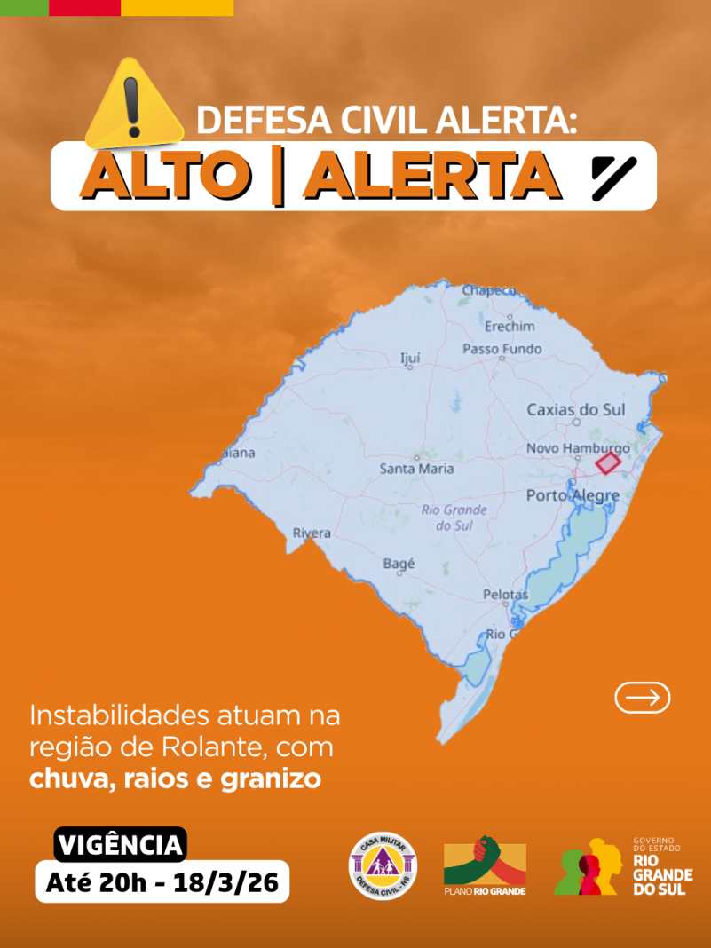 Defesa Civil alerta: Condi&ccedil;&atilde;o de ALERTA para instabilidades que atuam na regi&atilde;o de Rolante, com chuva, raios e granizo