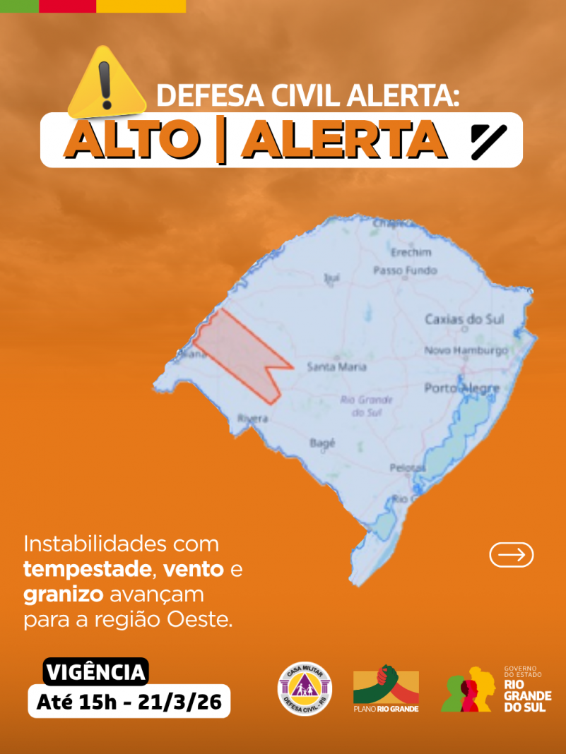 Defesa Civil alerta: condi&ccedil;&atilde;o de ALERTA para instabilidades com tempestade, vento e granizo avan&ccedil;am para regi&atilde;o Oeste