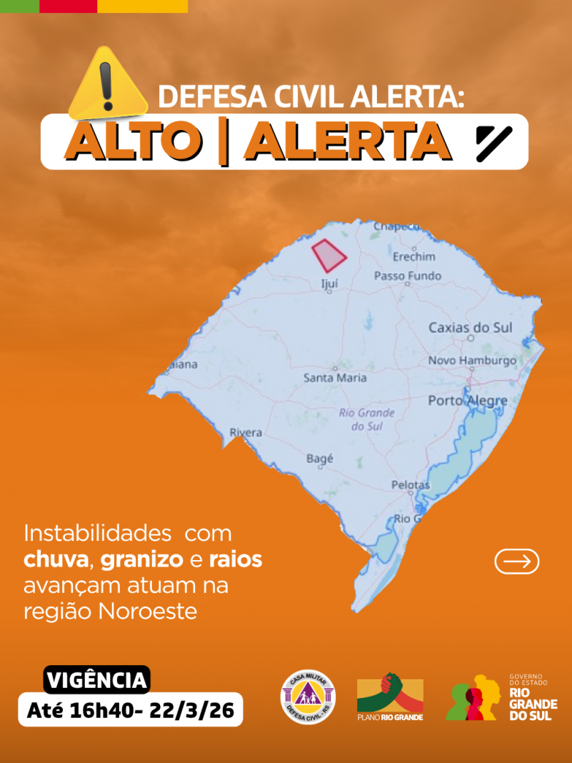 Defesa Civil alerta: condi&ccedil;&atilde;o de ALERTA para Instabilidades com chuva, granizo e raios avan&ccedil;am atuam na regi&atilde;o Noroeste.