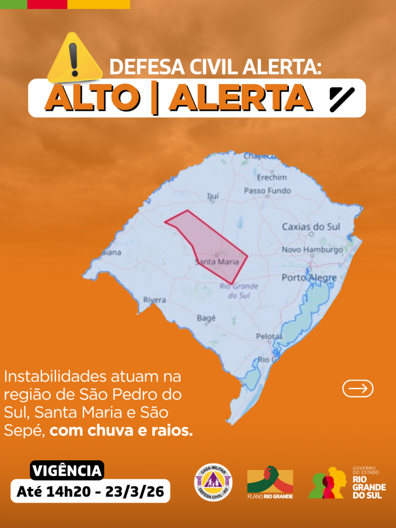Defesa Civil alerta: Condi&ccedil;&atilde;o de ALERTA para instabilidades com chuva e raios na regi&atilde;o de S&atilde;o Pedro do Sul, Santa Maria e S&atilde;o Sep&eacute;. 