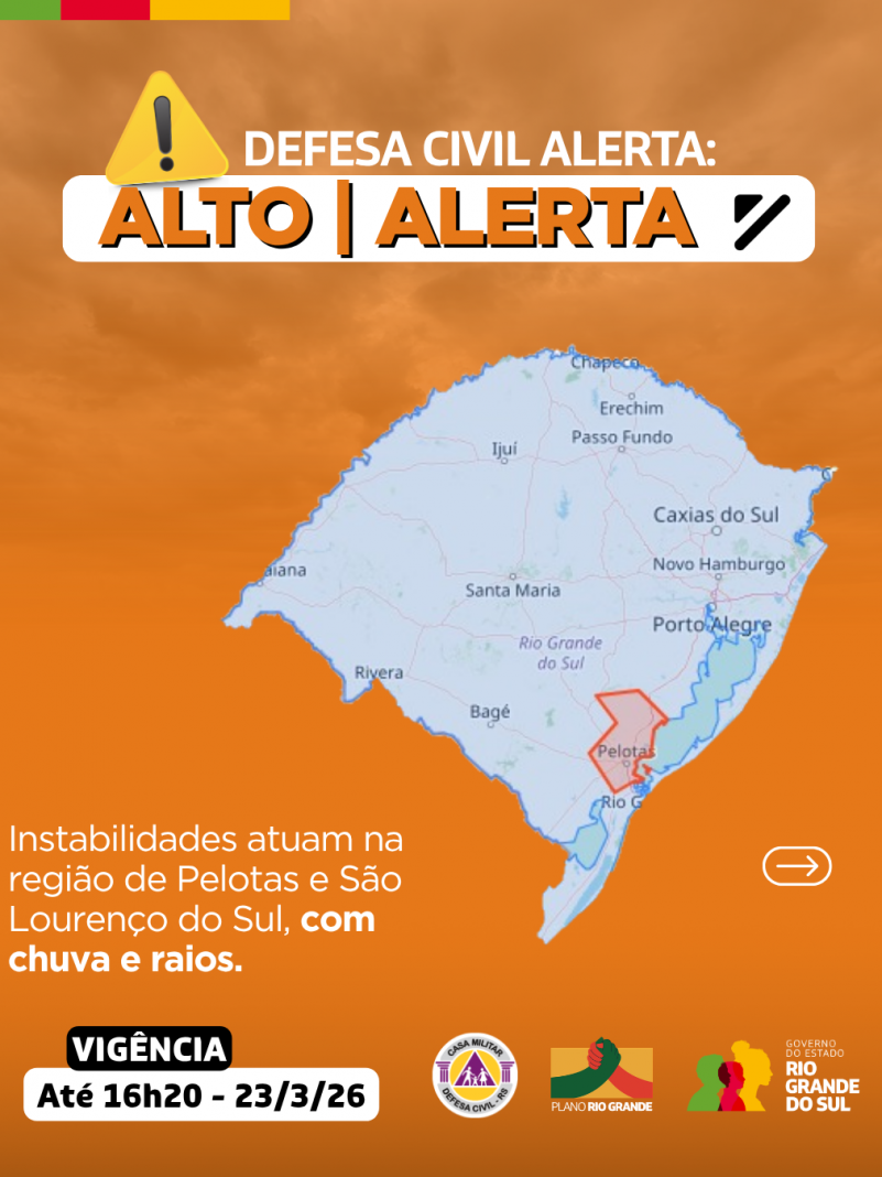 Defesa Civil alerta: Condi&ccedil;&atilde;o de ALERTA para instabilidades que atuam na regi&atilde;o de Pelotas e S&atilde;o Louren&ccedil;o do Sul