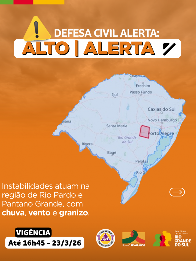 Defesa Civil alerta: condi&ccedil;&atilde;o de ALERTA para instabilidades que atuam na regi&atilde;o de Rio Pardo e Pantano Grande