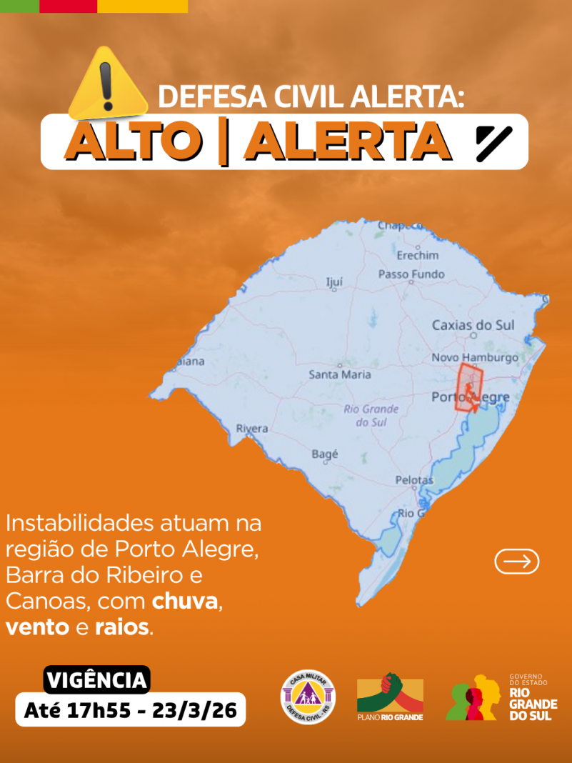 Defesa Civil alerta: condi&ccedil;&atilde;o de ALERTA para instabilidades que atuam na regi&atilde;o de Porto Alegre, Barra do Ribeiro e Canoas