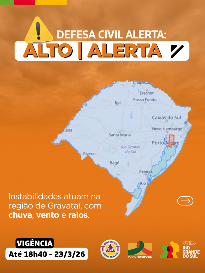 Defesa Civil alerta: condi&ccedil;&atilde;o de ALERTA para instabilidades que atuam na regi&atilde;o de Gravata&iacute;, com chuva, vento e raios
