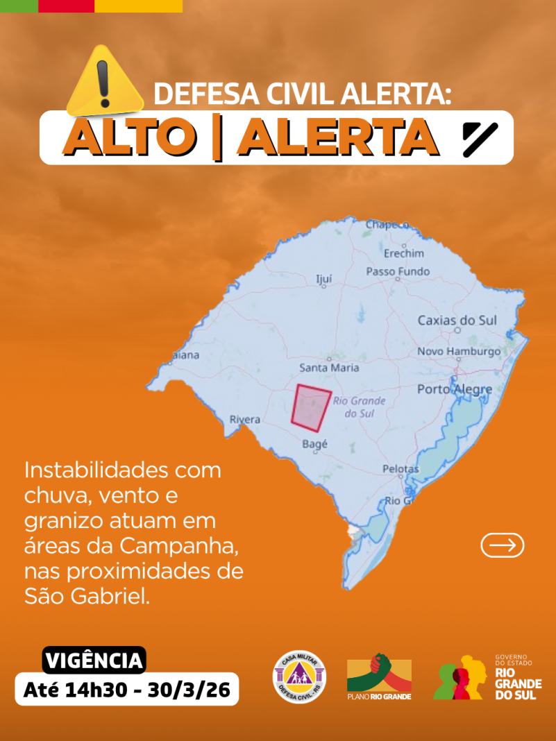 Defesa Civil alerta: condi&ccedil;&atilde;o de ALERTA para instabilidades com chuva, vento e granizo atuando em &aacute;reas da Campanha