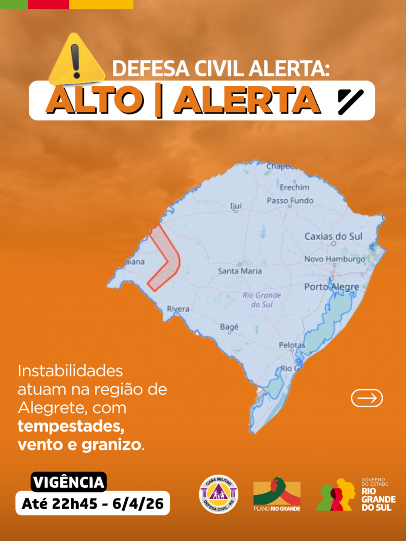 Defesa Civil alerta: condi&ccedil;&atilde;o de ALERTA para instabilidades atuando na regi&atilde;o Alegrete