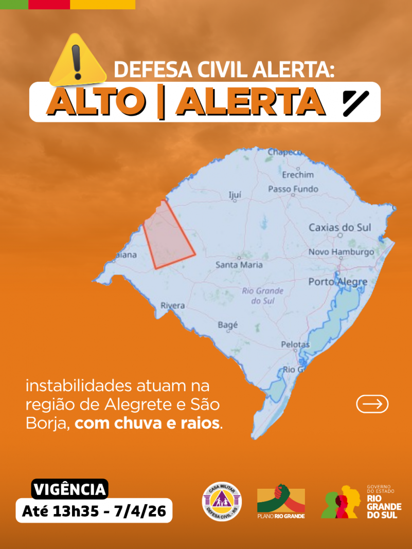 Defesa Civil alerta: Condi&ccedil;&atilde;o de ALERTA para instabilidades com chuva e raios nas regi&otilde;es de Alegrete e S&atilde;o Borja.
