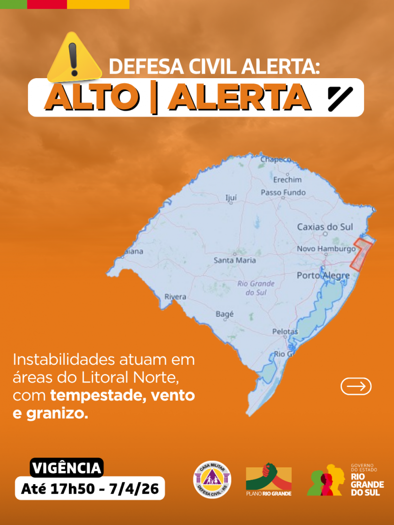 Defesa Civil alerta: Condi&ccedil;&atilde;o de ALERTA para instabilidades que atuam em &aacute;reas do Litoral Norte