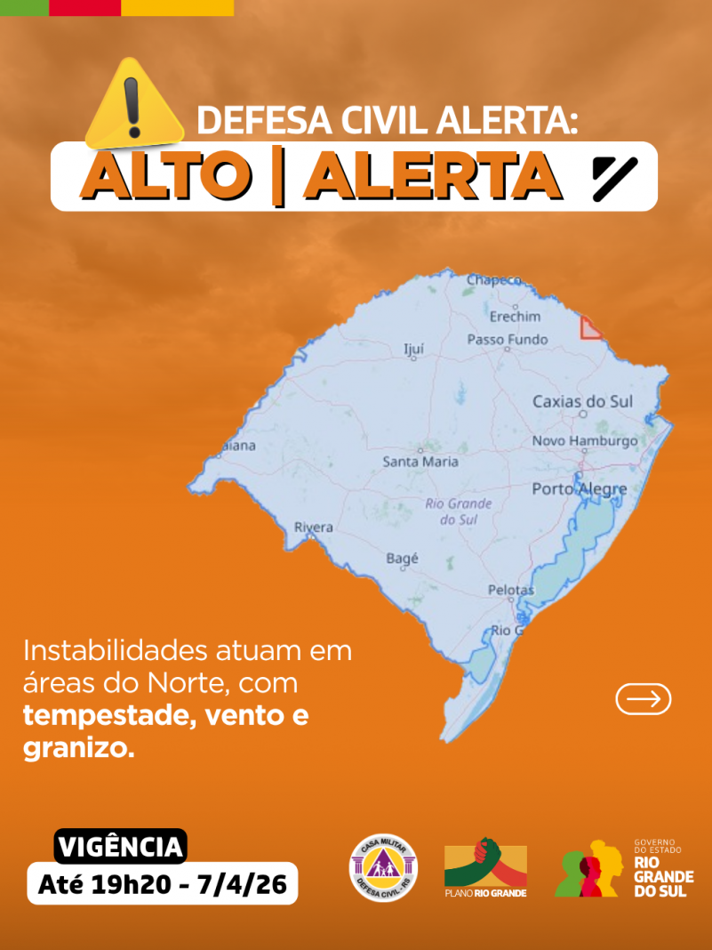 Defesa Civil alerta: Condi&ccedil;&atilde;o de ALERTA Instabilidades atuam em &aacute;reas do Norte, com tempestade, vento e granizo.