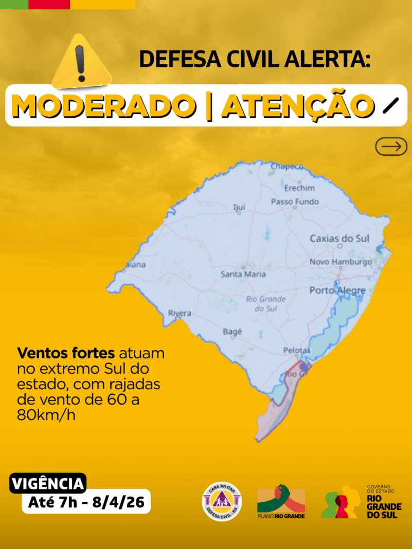 Defesa Civil alerta: condi&ccedil;&atilde;o de ATEN&Ccedil;&Atilde;O para ventos fortes que atuam no estremo Sul do estado