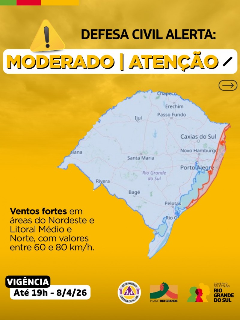 Defesa Civil alerta: condi&ccedil;&atilde;o de ATEN&Ccedil;&Atilde;O para ventos fortes que atuam em &aacute;reas do Nordeste e Litoral M&eacute;dio e Norte, com valores entre 60 e 80 km/h