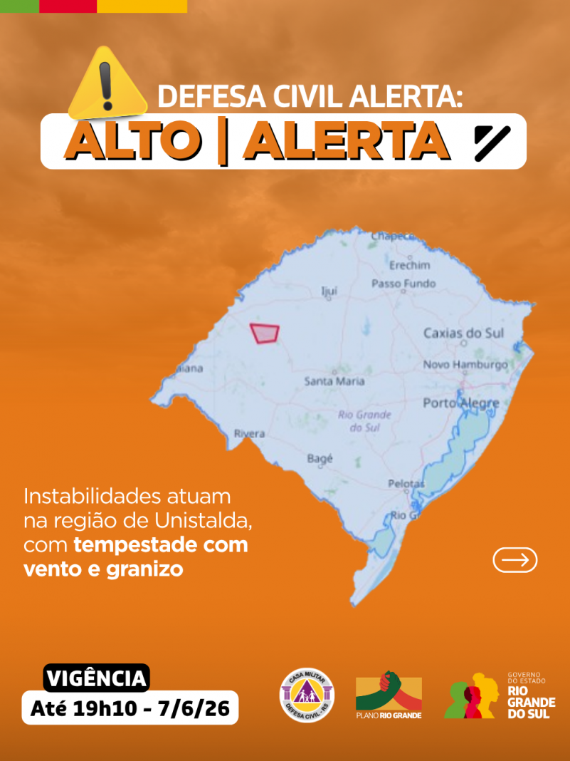 Defesa Civil alerta: Condi&ccedil;&atilde;o de ALERTA para instabilidades que atuam na regi&atilde;o de Unistalda
