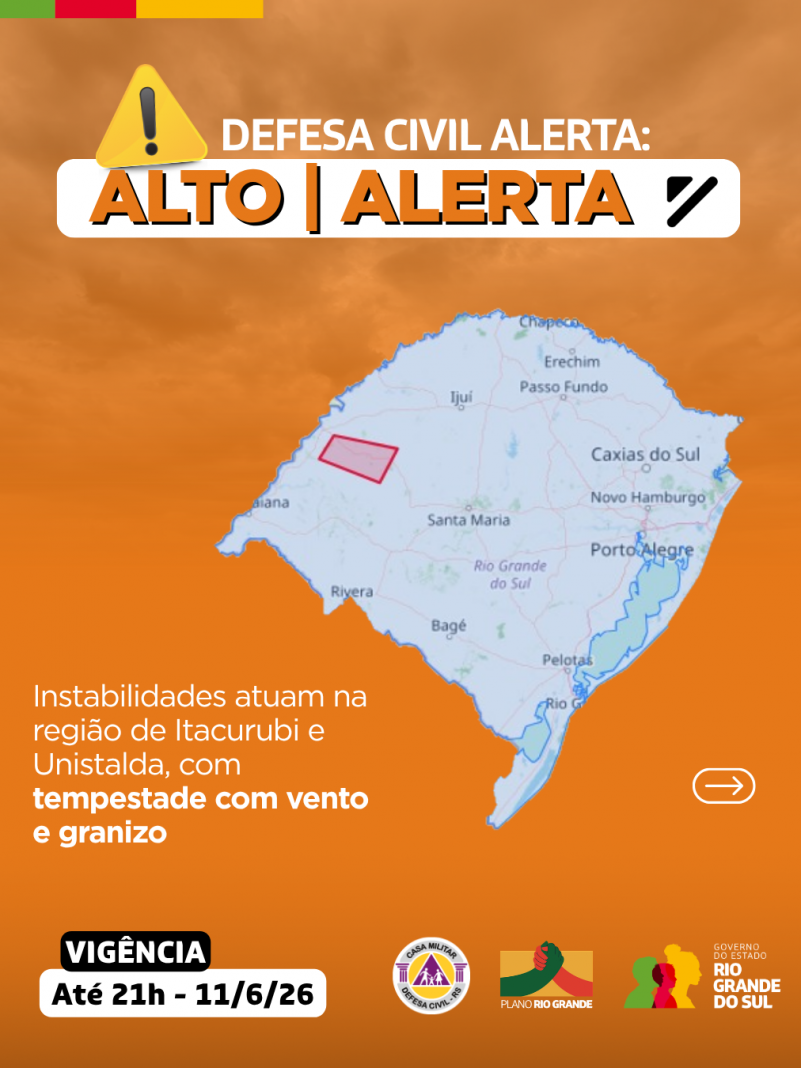 Defesa Civil alerta: Condi&ccedil;&atilde;o de ALERTA para instabilidades que atuam na regi&atilde;o de Itacurubi e Unistalda