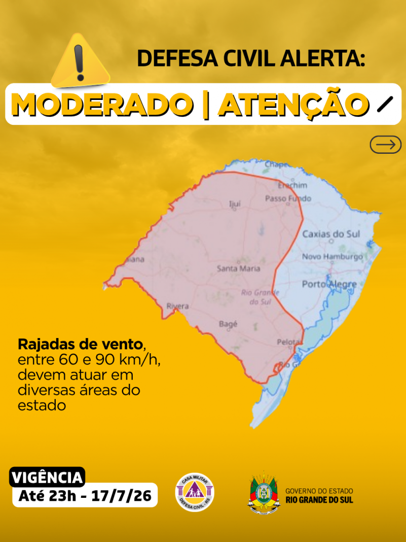 Defesa Civil alerta: Condi&ccedil;&atilde;o de ATEN&Ccedil;&Atilde;O para rajadas de vento