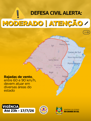 Defesa Civil alerta: Condi&ccedil;&atilde;o de ATEN&Ccedil;&Atilde;O para rajadas de vento