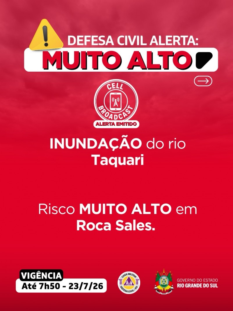 Defesa Civil alerta: INUNDA&Ccedil;&Atilde;O no Rio Taquari. Risco MUITO ALTO em Roca Sales at&eacute; a cota 20m V&aacute;lido at&eacute; &agrave;s 6h50 do dia 23 de julho. Evite &aacute;reas de risco. Emerg&ecirc;ncia ligue 190/193.

Acesse a mancha de inunda&ccedil;&atilde;o pelo link no story deste perfil ou pelo link: https://www.google.com/maps/d/u/0/viewer?mid=1QMIXwfb0Smrud5GvBPvAFa6gCkwlB_0&ll=-29.289875225631068%2C-51.88259649999999&z=14

Procure informa&ccedil;&otilde;es junto &agrave; Defesa Civil da sua cidade, conhe&ccedil;a os Planos de Conting&ecirc;ncia municipais para saber quais os riscos e como agir em caso de desastre no seu munic&iacute;pio.