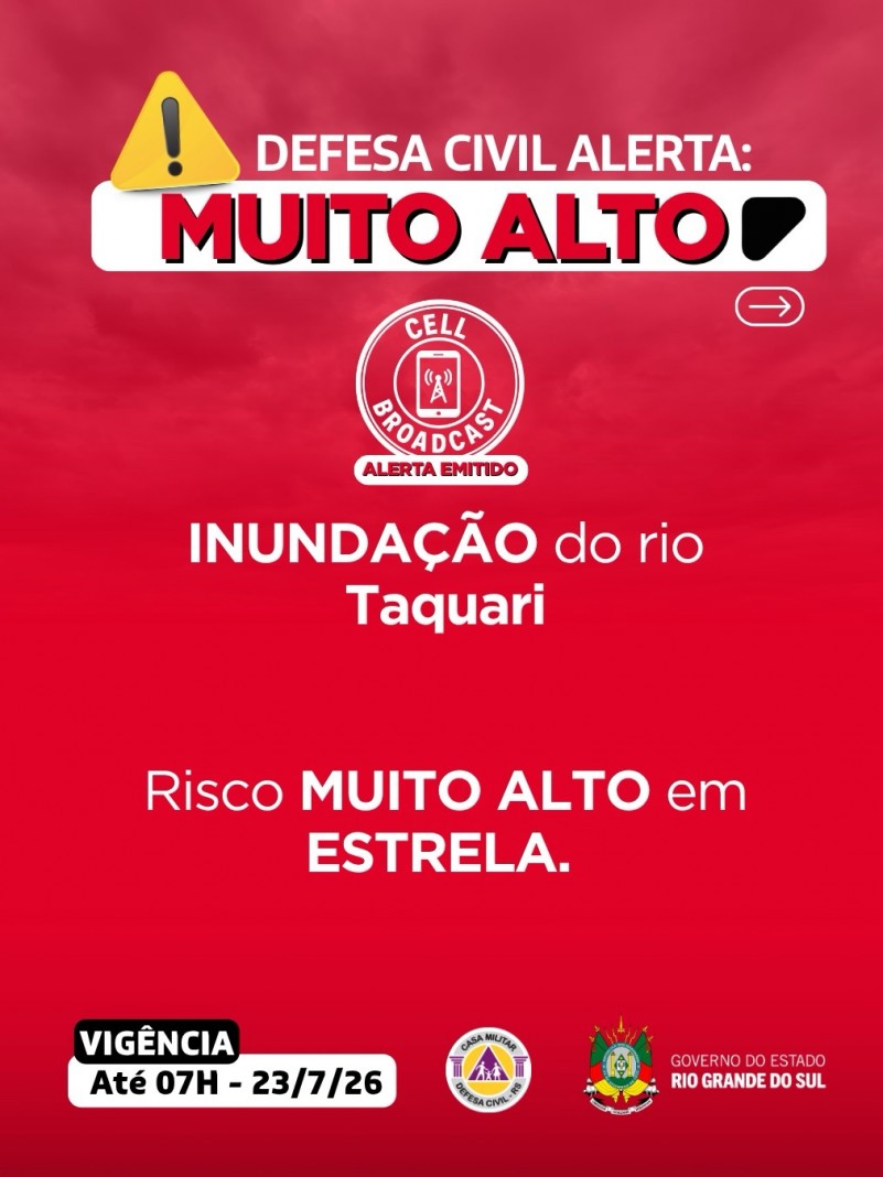 Defesa Civil alerta: INUNDA&Ccedil;&Atilde;O no Rio Taquari. Risco MUITO ALTO em Estrela at&eacute; a cota 23m.