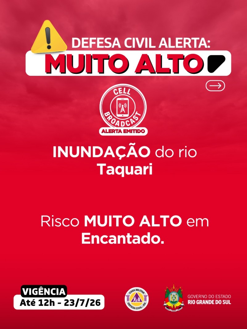 Defesa Civil alerta: INUNDA&Ccedil;&Atilde;O no Rio Taquari. Risco MUITO ALTO em Encantado at&eacute; a cota 17m