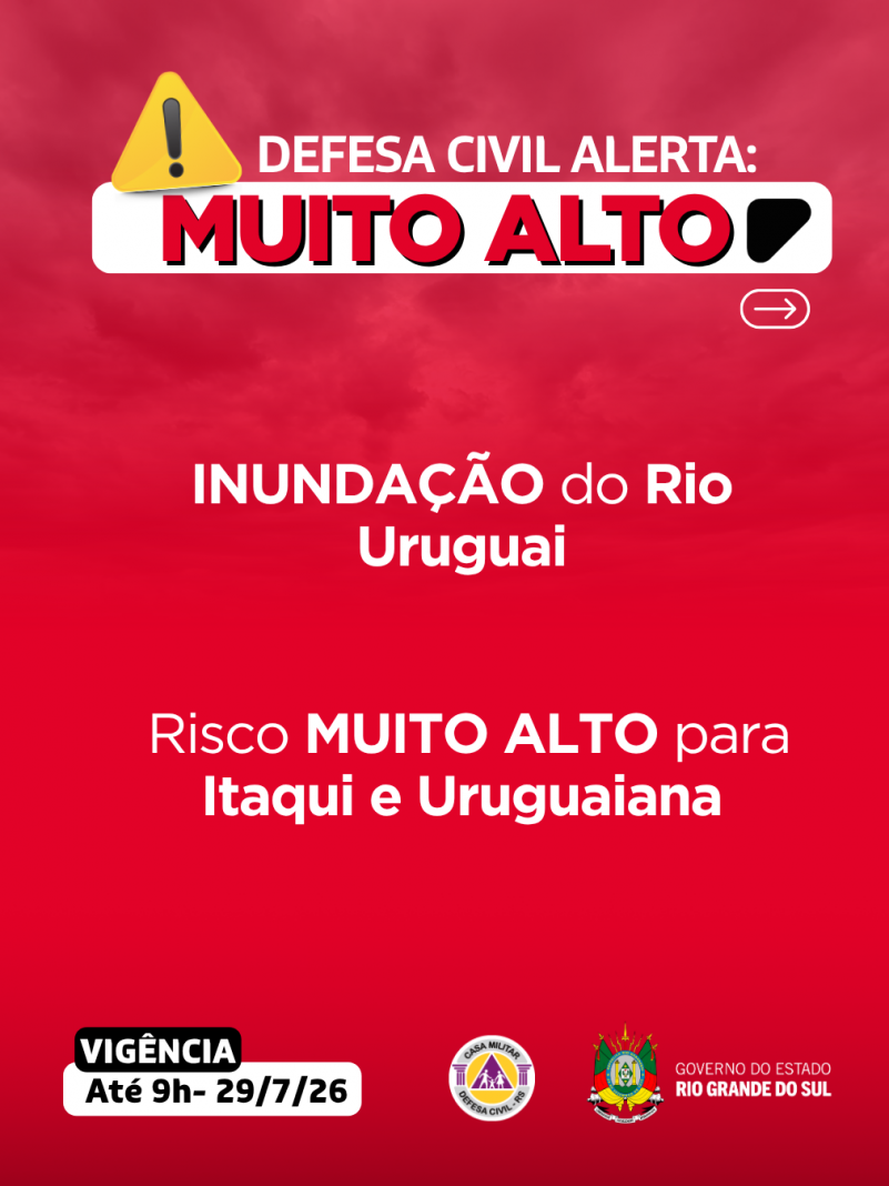Alerta VERMELHO: INUNDA&Ccedil;&Atilde;O do rio Uruguai. Risco MUITO ALTO em Itaqui e Uruguaiana