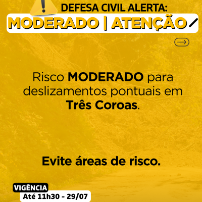A Defesa Civil emite alerta para condição de risco MODERADO para deslizamentos pontuais em Três Coroas. Evite áreas de risco. Em caso de emergência, acione a Brigada Militar pelo 190 ou os Bombeiros pelo 193.
Saiba identificar os sinais de que deslizamentos de terra estão prestes a acontecer: barulhos ou vibrações no piso, telhado ou nas paredes, inclinações em postes, muros ou árvores, fendas ou trincas no terreno. Se visualizar quaisquer desses sinais, saia imediatamente e acione as forças de resposta. Lembre-se de avisar vizinhos e a comunidade do entorno caso ocorram quaisquer fatos atípicos.
Identifique no link nos stories ou no link abaixo as áreas de alto e muito alto risco para deslizamentos em Montenegro:
https://siaden.cemaden.gov.br/SIADEN/publico/cartogramas/index.jsf?em=MM|1402em=MM|1170
A Defesa Civil emite alerta para condição de risco MODERADO para deslizamentos pontuais em Três Coroas.