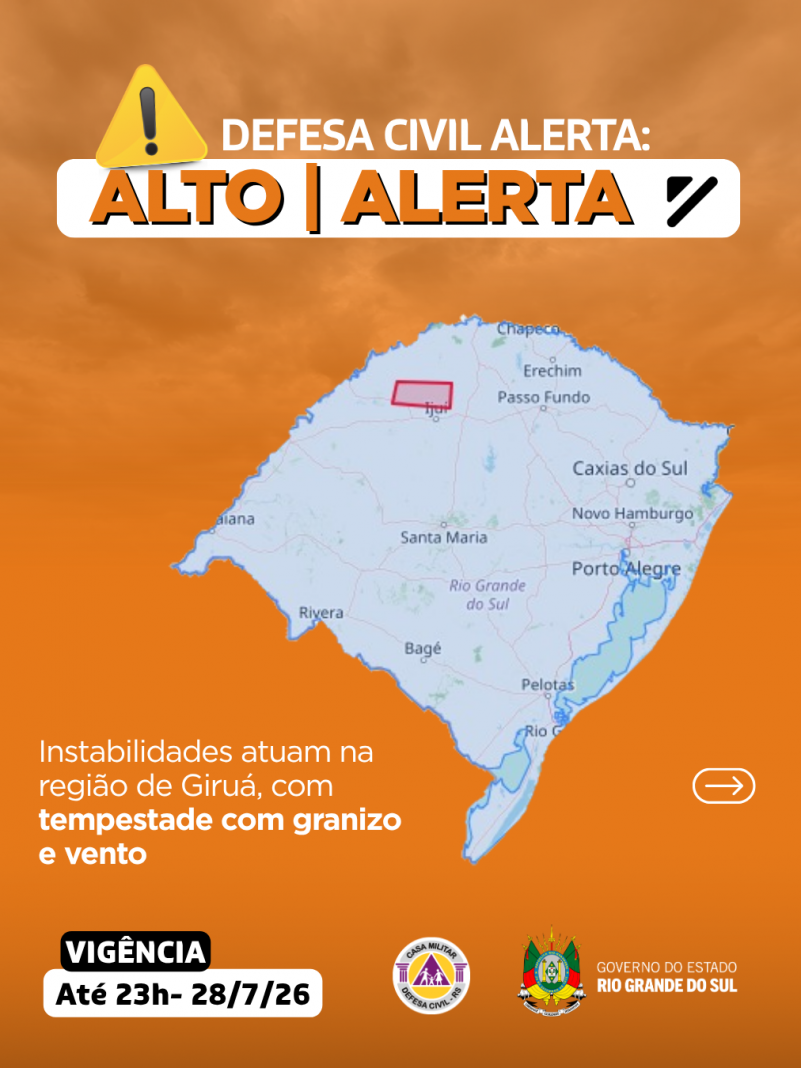 Defesa Civil alerta: condi&ccedil;&atilde;o de ALERTA para instabilidades que atuam na regi&atilde;o de Giru&aacute;