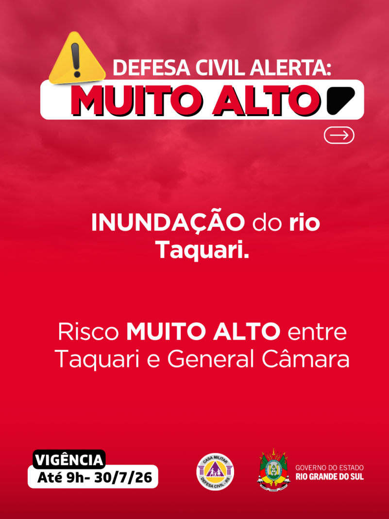Defesa Civil alerta: INUNDA&Ccedil;&Atilde;O para o rio Taquari. Risco MUITO ALTO entre Taquari a General C&acirc;mara