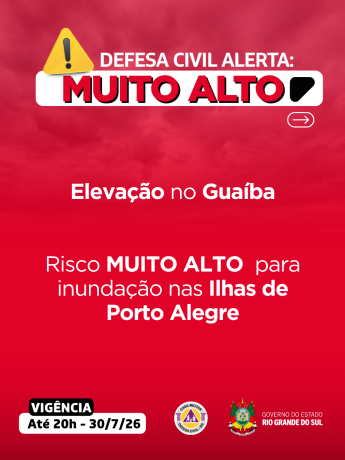 Defesa Civil alerta: eleva&ccedil;&atilde;o no Gua&iacute;ba. Risco MUITO ALTO para inunda&ccedil;&atilde;o nas Ilhas de Porto Alegre.