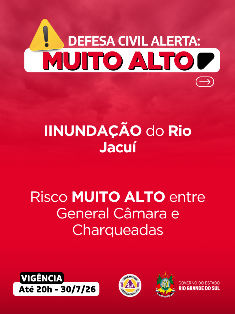 Defesa Civil alerta: INUNDA&Ccedil;&Atilde;O do rio Jacu&iacute;. Risco MUITO ALTO entre General C&acirc;mara e Charqueadas