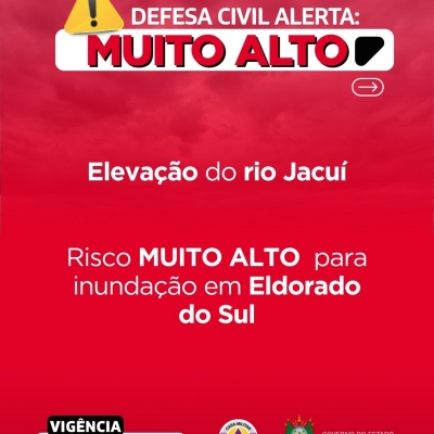 Defesa Civil alerta: eleva&ccedil;&atilde;o do rio Jacu&iacute;. Risco MUITO ALTO para inunda&ccedil;&atilde;o em Eldorado do Sul.