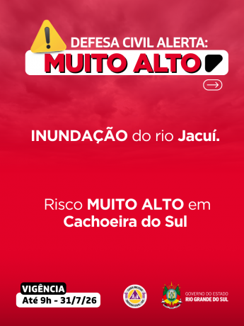 Defesa Civil alerta: INUNDA&Ccedil;&Atilde;O no rio Jacu&iacute;. Risco MUITO ALTO em Cachoeira do Sul
