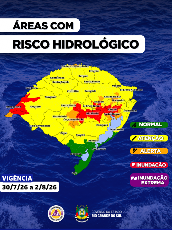 O CENTRO DE MONITORAMENTO DA DEFESA CIVIL DO ESTADO ATUALIZA O PROGN&Oacute;STICO HIDROL&Oacute;GICO PARA OS PR&Oacute;XIMOS DIAS