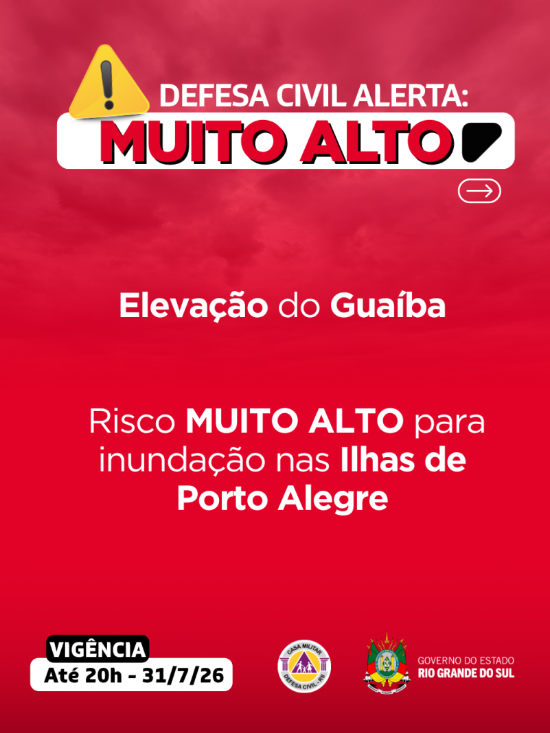 Defesa Civil alerta: eleva&ccedil;&atilde;o no Gua&iacute;ba. Risco MUITO ALTO para inunda&ccedil;&atilde;o nas Ilhas de Porto Alegre