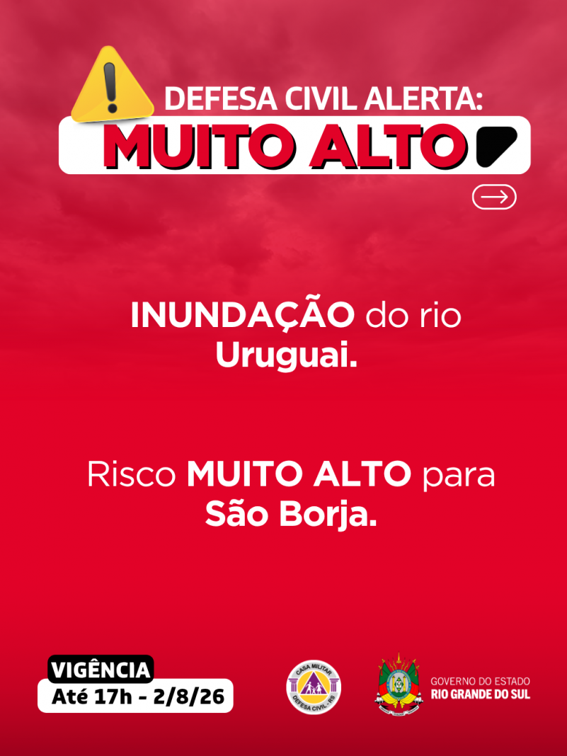 Defesa Civil alerta: INUNDA&Ccedil;&Atilde;O no rio Uruguai. Risco MUITO ALTO em S&atilde;o Borja