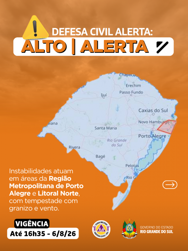 Defesa Civil alerta: Alerta LARANJA. Condi&ccedil;&atilde;o de ALERTA para tempestade com granizo e vento em &aacute;reas da Regi&atilde;o Metropolitana de Porto Alegre e Litoral Norte