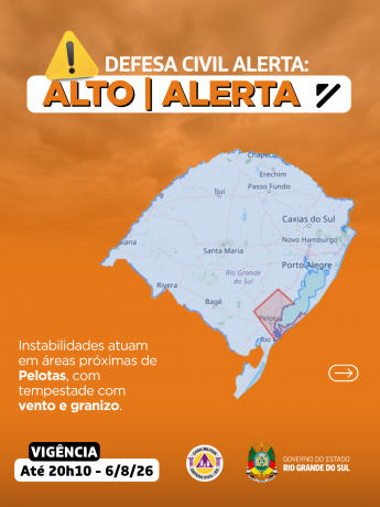 Defesa Civil alerta: Alerta LARANJA. Condi&ccedil;&atilde;o de ALERTA para tempestade com granizo e vento em &aacute;reas pr&oacute;ximas de Pelotas.