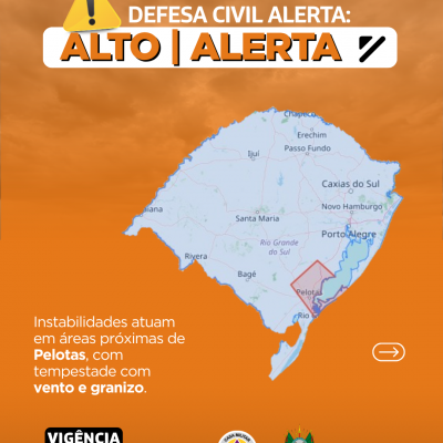 Defesa Civil alerta: Alerta LARANJA. Condi&ccedil;&atilde;o de ALERTA para tempestade com granizo e vento em &aacute;reas pr&oacute;ximas de Pelotas.