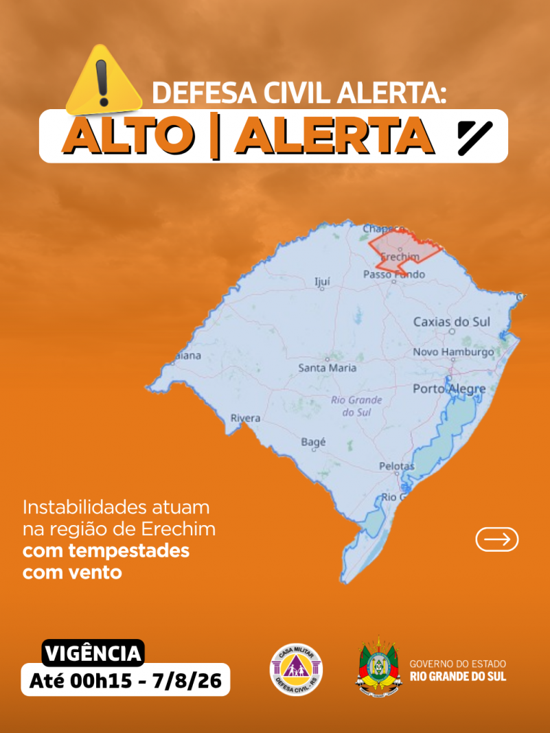 Defesa Civil alerta: condi&ccedil;&atilde;o de ALERTA para instabilidades atuam na regi&atilde;o de Erechim