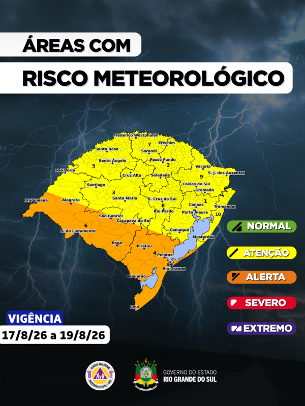 ALERTA para tempestades com chuva intensa e volumosa, rajadas de vento