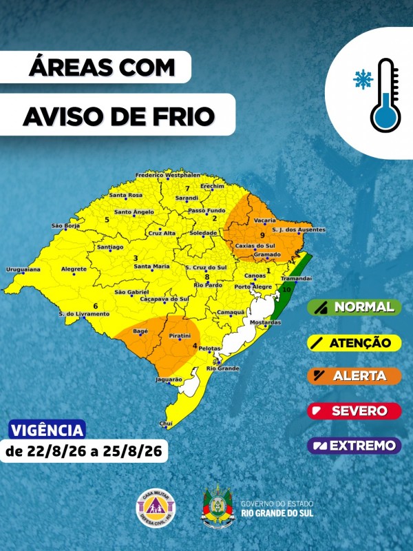 Uma massa de ar polar atua sobre o Rio Grande do Sul e favorece o frio intenso.