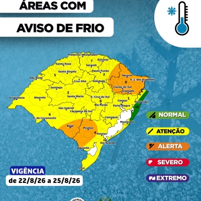 Uma massa de ar polar atua sobre o Rio Grande do Sul e favorece o frio intenso.