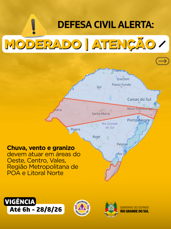Defesa Civil alerta: Condi&ccedil;&atilde;o de ATEN&Ccedil;&Atilde;O para chuva, vento e granizo que devem atuar em &aacute;reas 